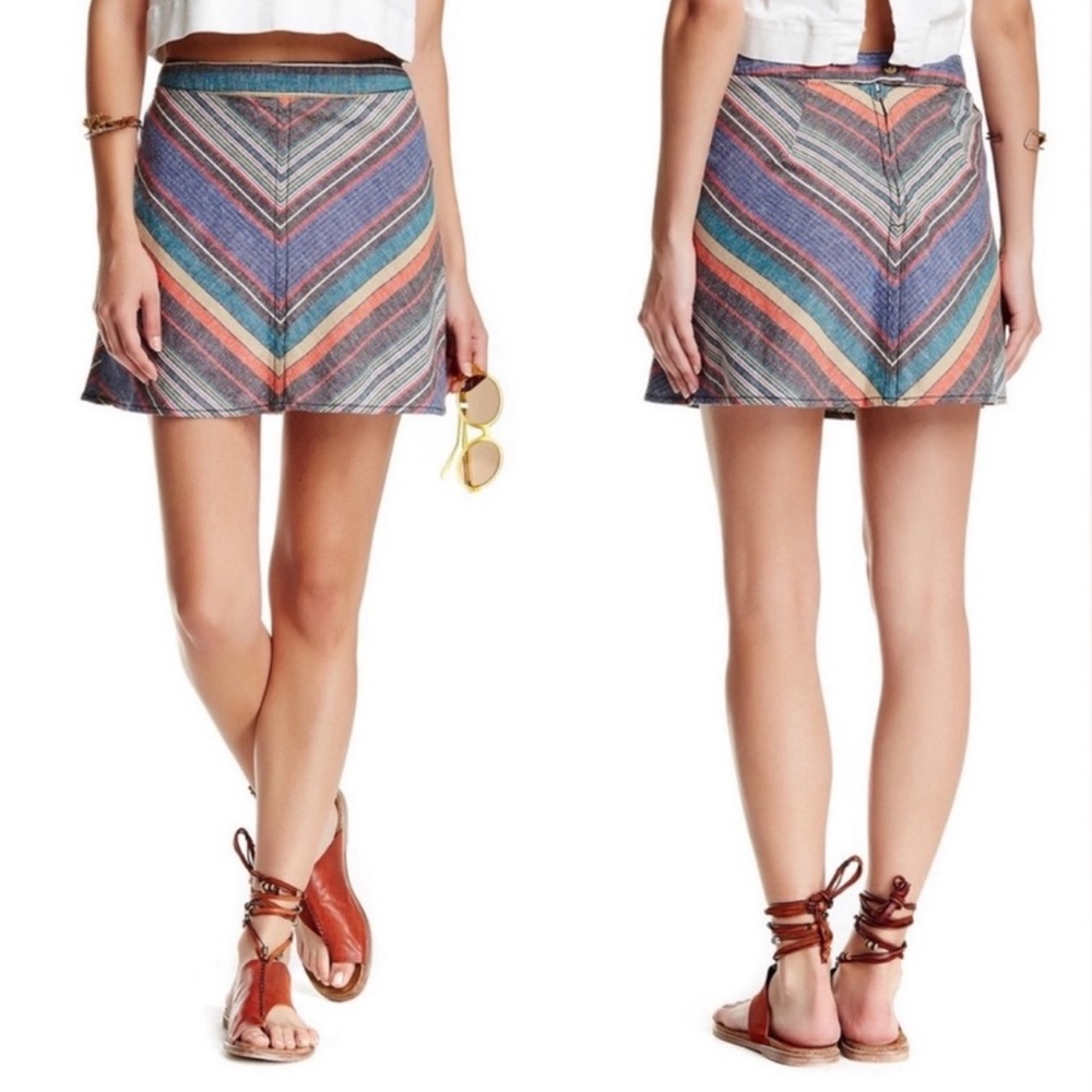 Free People Yours Truly Vintage Red Chevron Stripe Western Linen Mini Skirt 0 XS - Picture 1 of 14